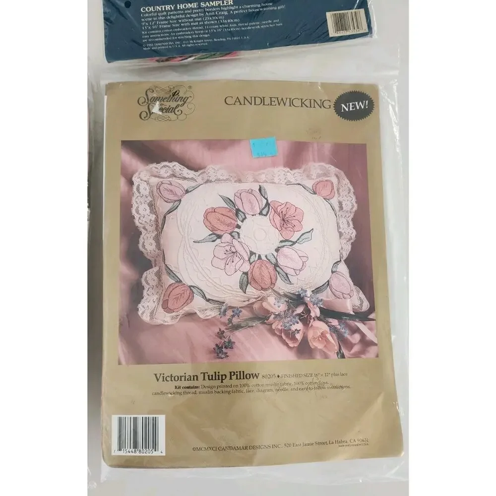4 pc NEW Cross Stitch Candlewicking Pillow SUNSET Country, Dimensions From Heart